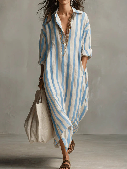 Robe chemise longue en lin rayée pour femme | Coupe ample