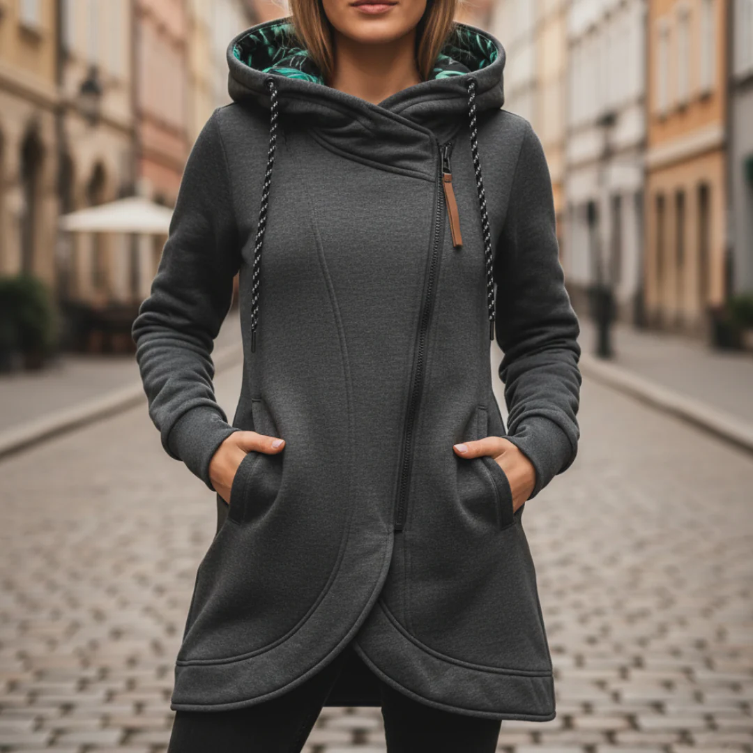 Damen Langarm Hoodie Asymmetrischer Reißverschluss Casual | Vestea