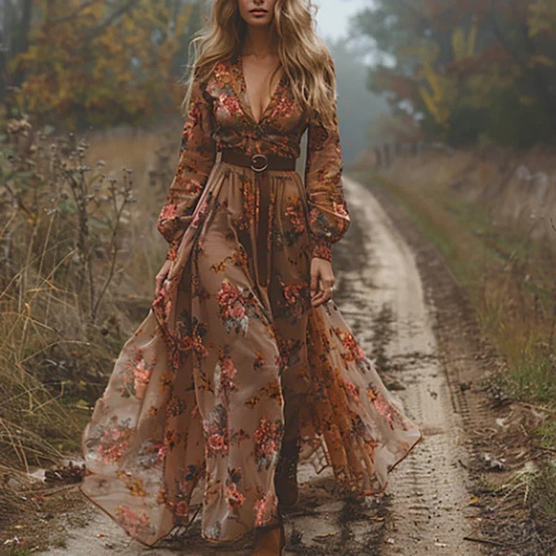 Robe longue femme en chiffon brodée à fleurs, sans manches, col rond, taille élastique – Occasion décontractée