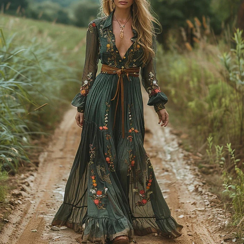 Robe longue femme en chiffon brodée à fleurs, sans manches, col rond, taille élastique – Occasion décontractée