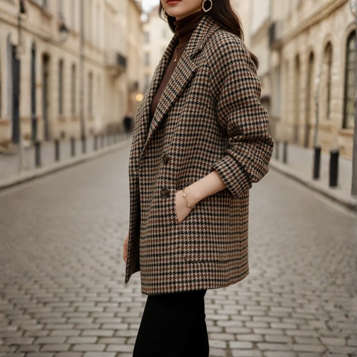 Damen Blazer Tweed Wollmischung Karomuster Oversize | Vestea