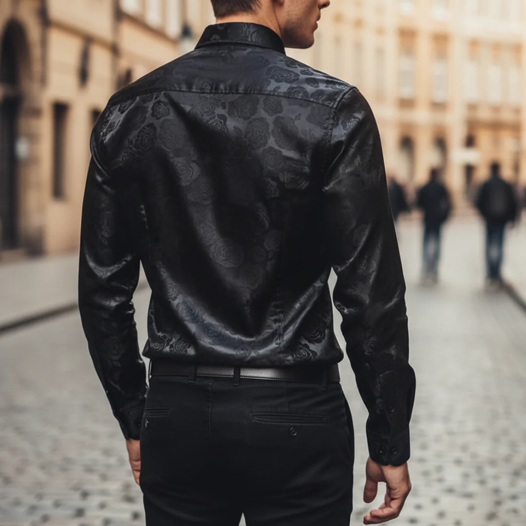 Herren Jacquard Satin Hemd mit Rosenmuster Langarm | Vestea