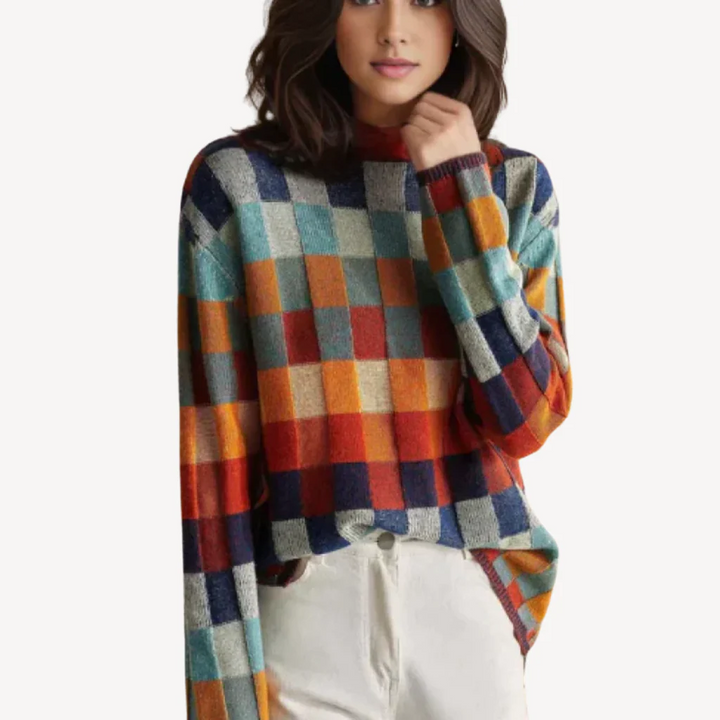 Multi-Farbiger Kariertes Strickpullover Damen | Vestea