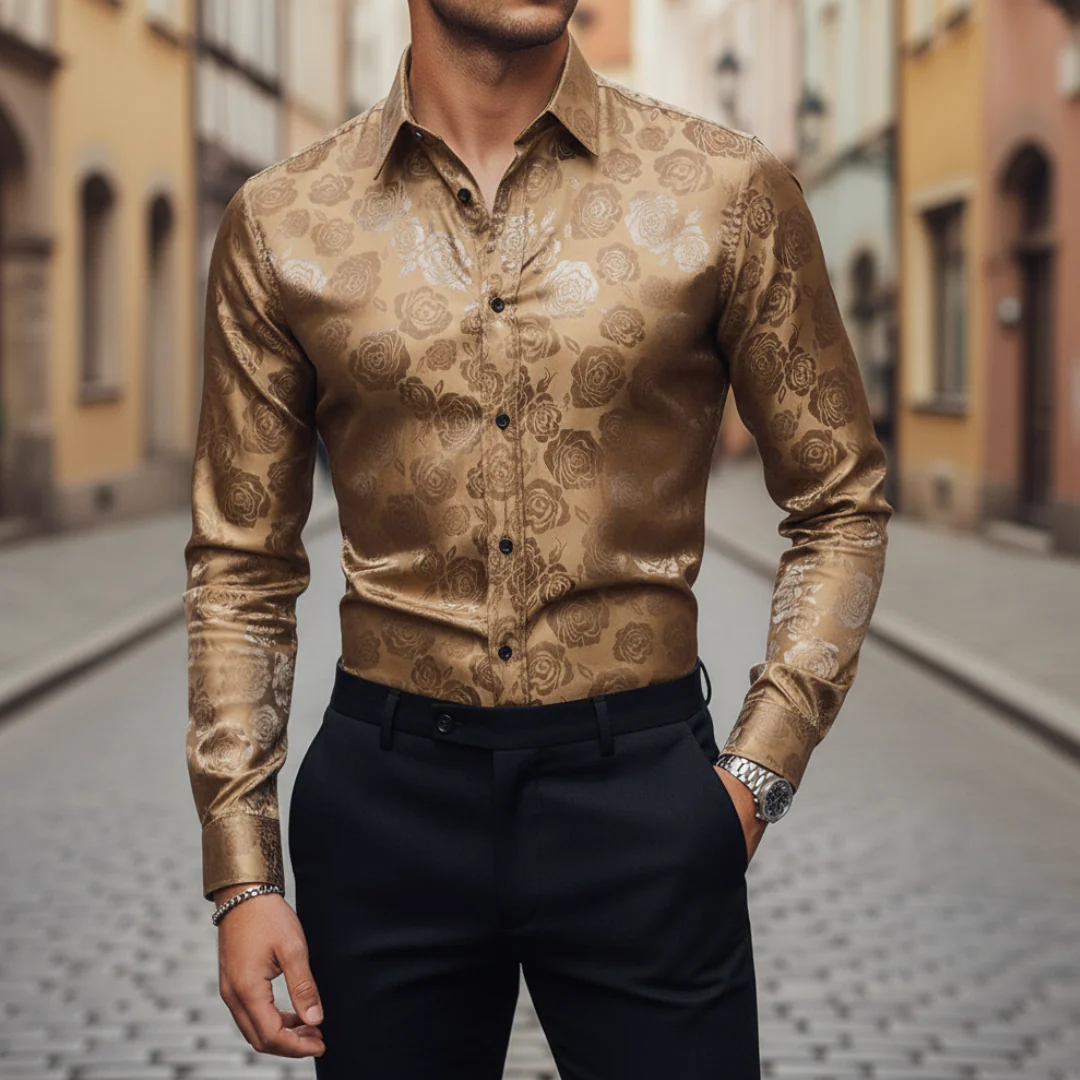 Herren Jacquard Satin Hemd mit Rosenmuster Langarm | Vestea