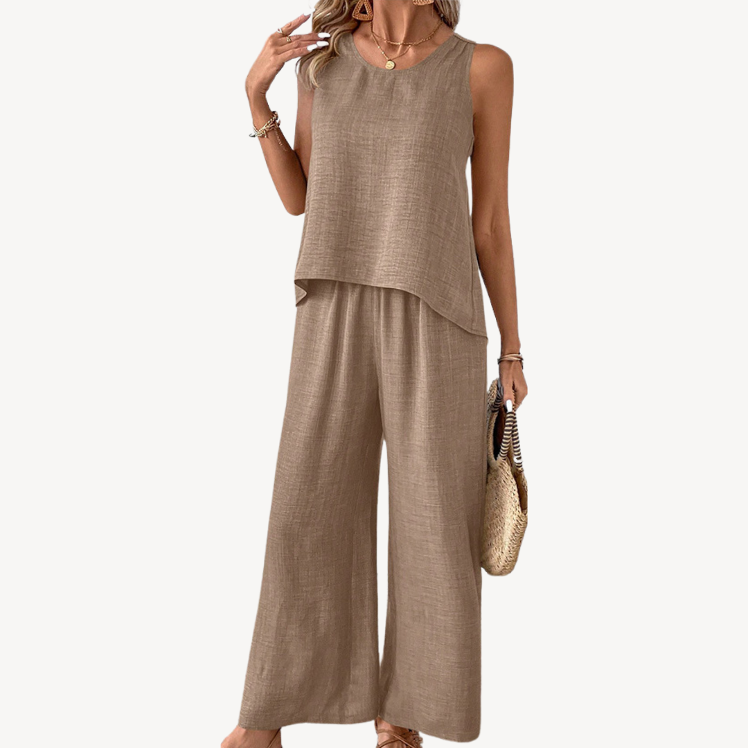 Leinen Tank Top Weite Bein Hose Damen | Vestea