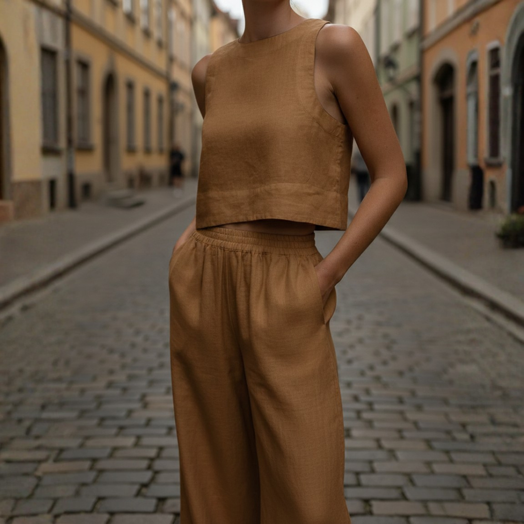 Conjunto de dos piezas: top corto y pantalones de pierna ancha sin mangas para mujer
