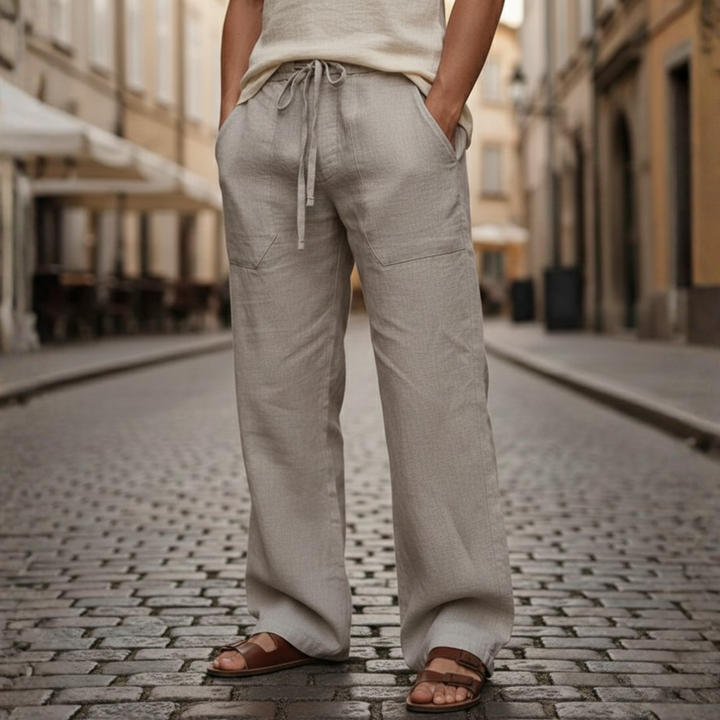 Pantalones holgados de lino para hombre con cordón