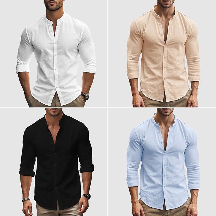Men's Breezy Linen Shirt | Mandarin Collar Close Up