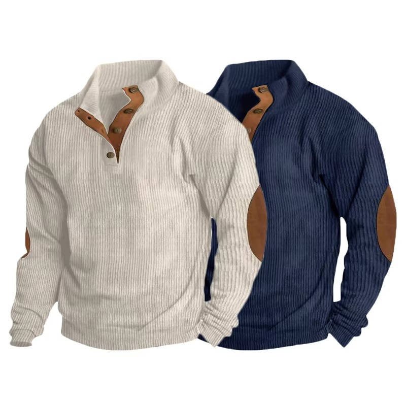 Men's Button Neck Pullover Sweater | Elbow Patches Classic Knit View 12