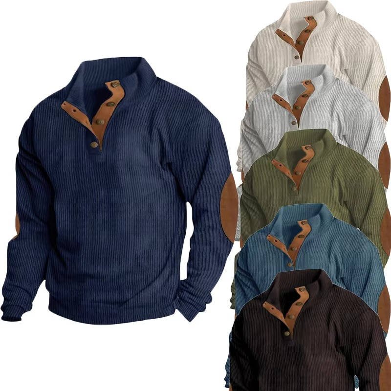 Men's Button Neck Pullover Sweater | Elbow Patches Classic Knit View 22