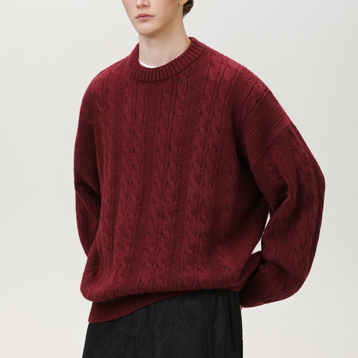 Men's Cable Knit Sweater | Vertical Braid Relaxed Fit Angle