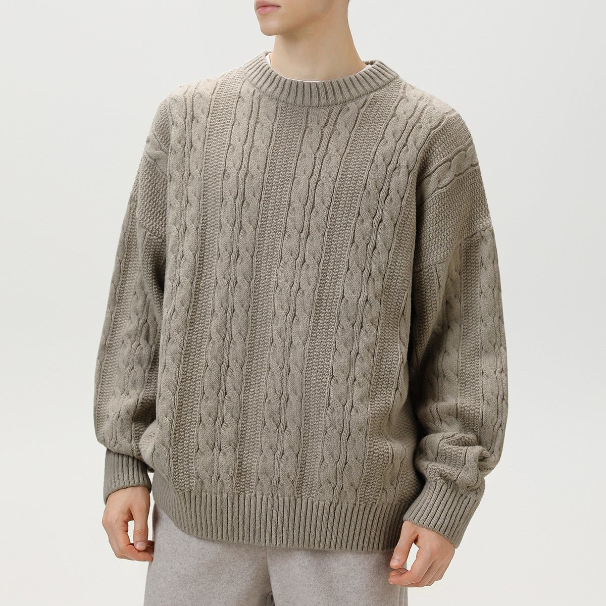 Men's Cable Knit Sweater | Vertical Braid Relaxed Fit Full