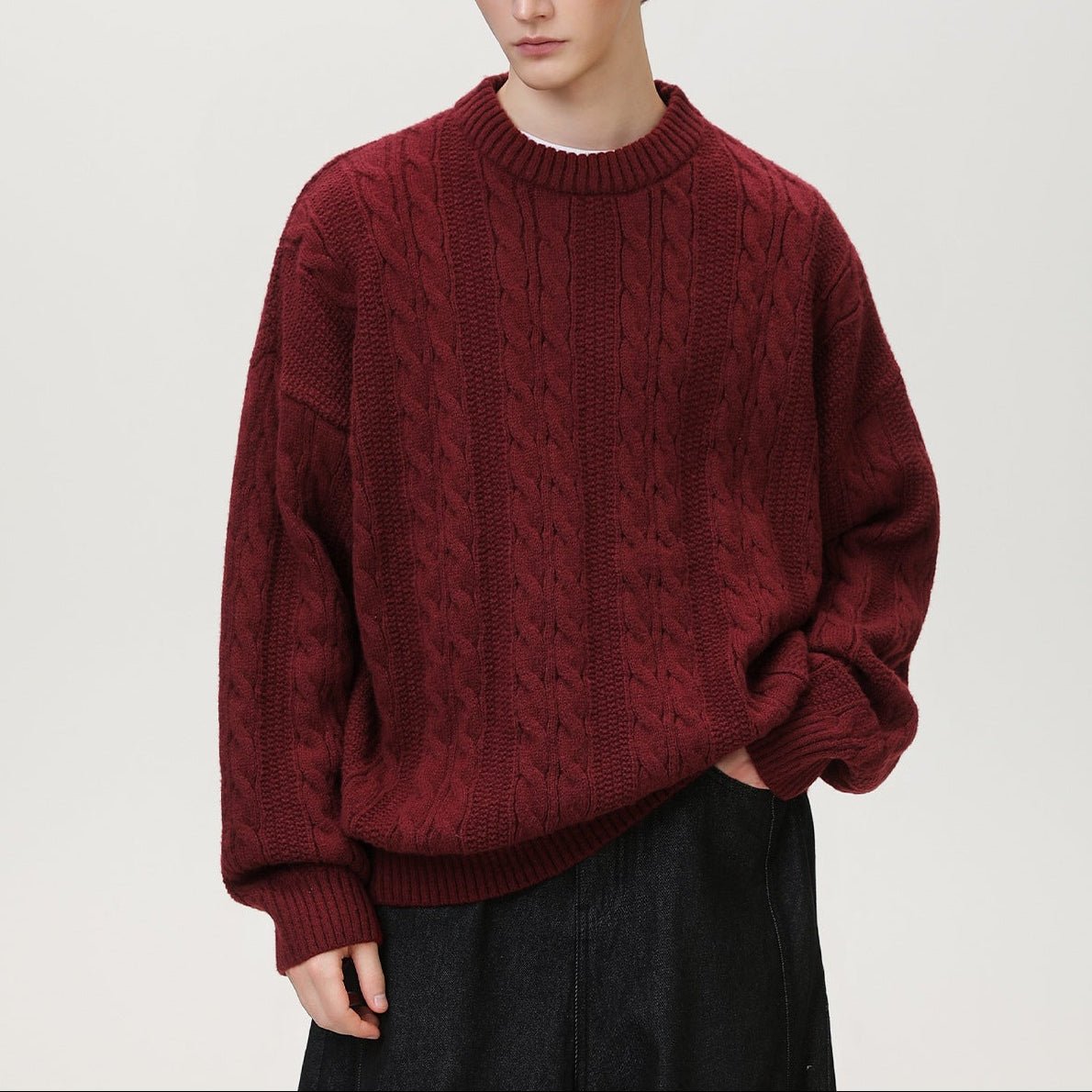 Men's Cable Knit Sweater | Vertical Braid Relaxed Fit Lifestyle