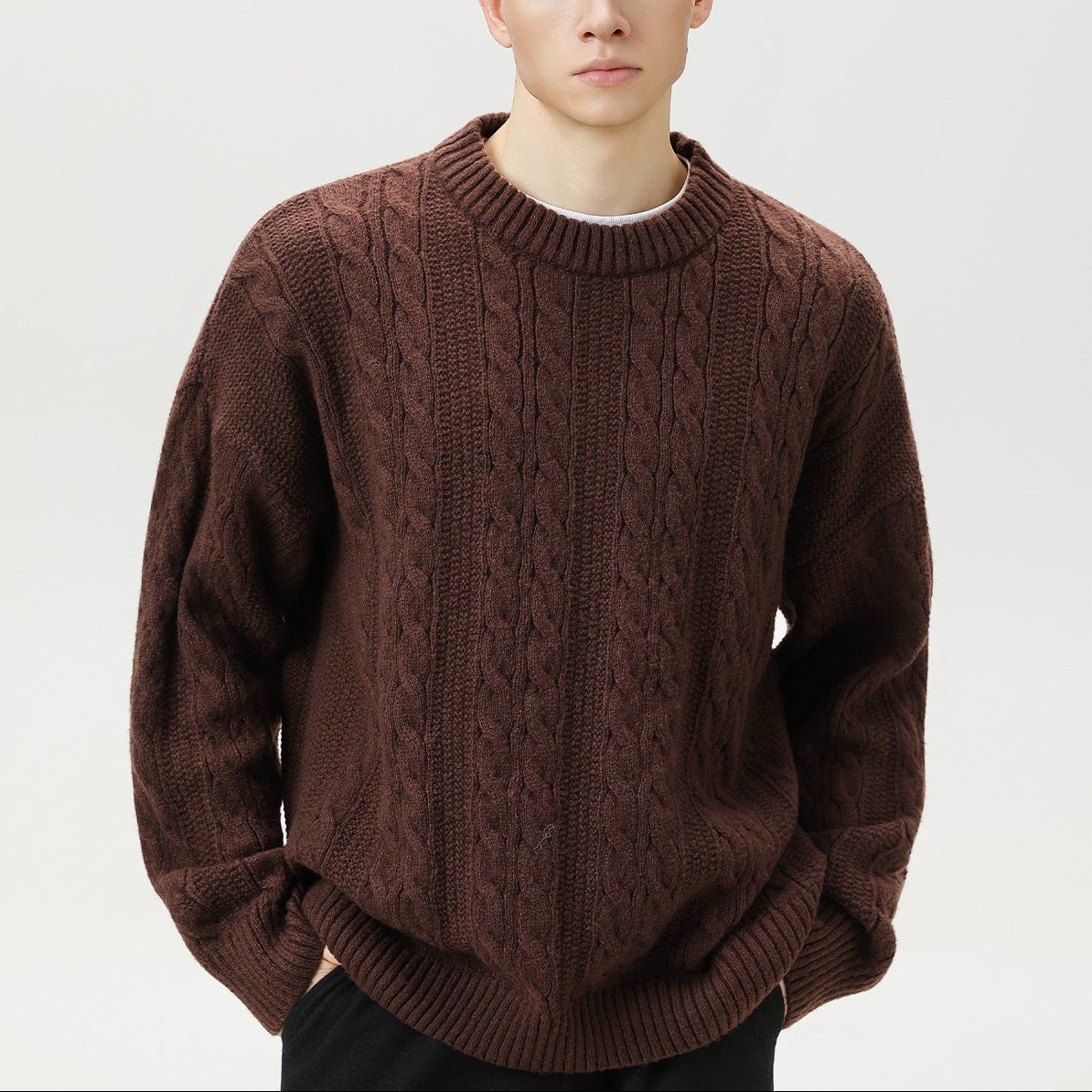 Men's Cable Knit Sweater | Vertical Braid Relaxed Fit View 11