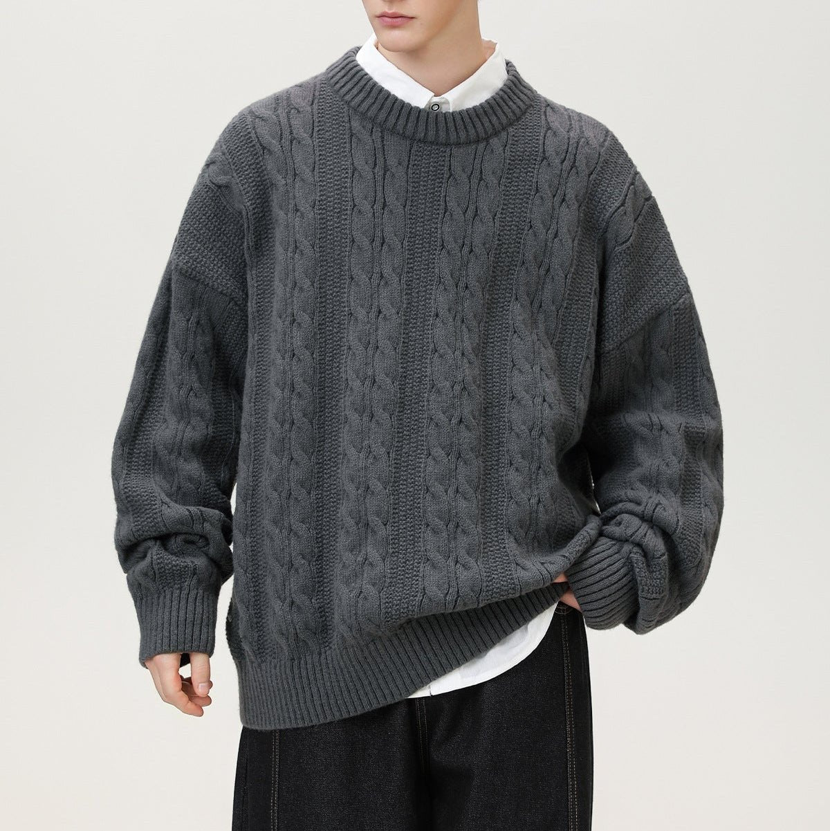 Men's Cable Knit Sweater | Vertical Braid Relaxed Fit View 14