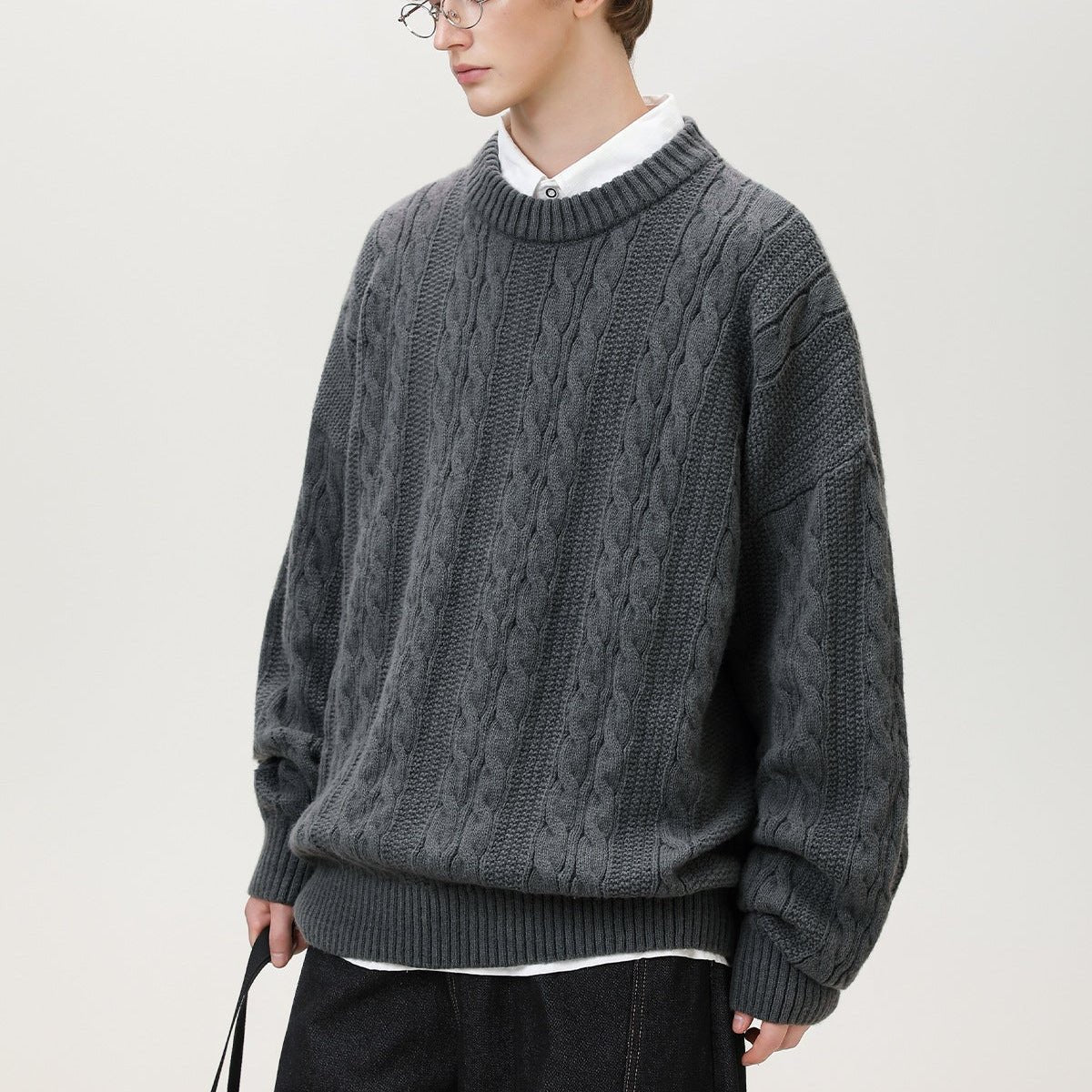 Men's Cable Knit Sweater | Vertical Braid Relaxed Fit View 15