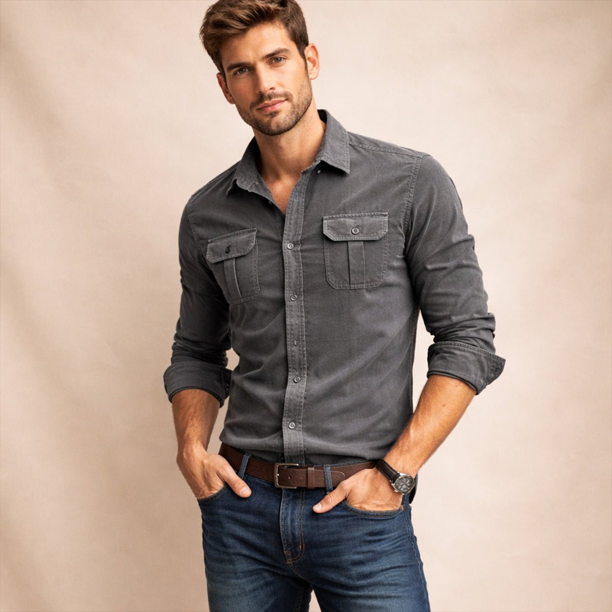 Men's Casual Button Down Corduroy Shirt | Dual Chest Pocket View 15