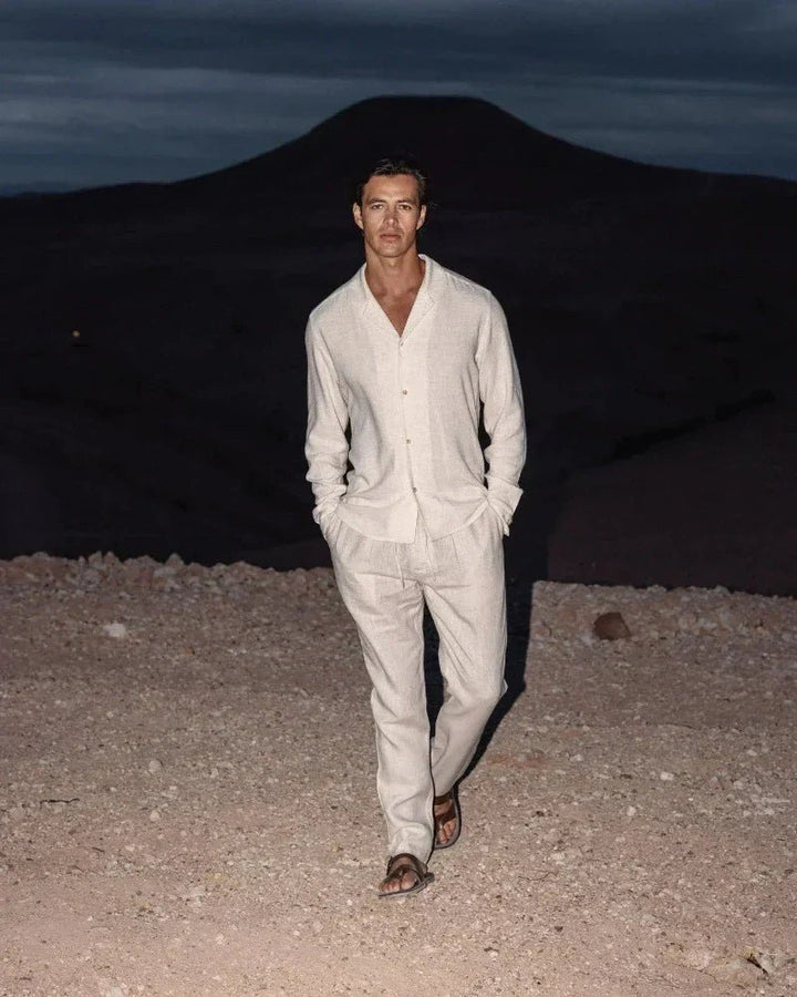 Men's Casual Cuban Collar Shirt & Trouser Set Front