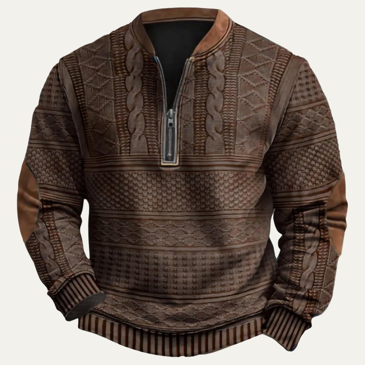 Men's Casual Half Zip Sweater | Patterned Elbow Patches Detail