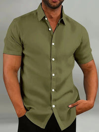 Men's Casual Linen Shirt | Contrast Collar Short Sleeve Angle