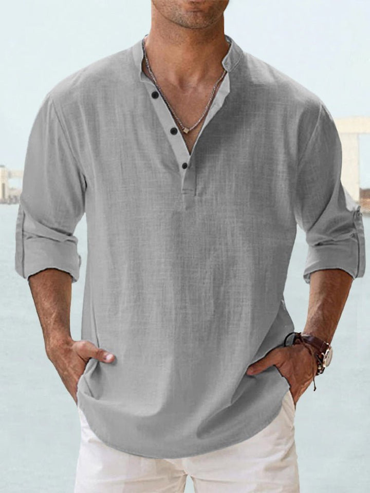 Men's Casual Linen Shirt | Mandarin Collar Henley Detail