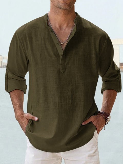 Men's Casual Linen Shirt | Mandarin Collar Henley View 11