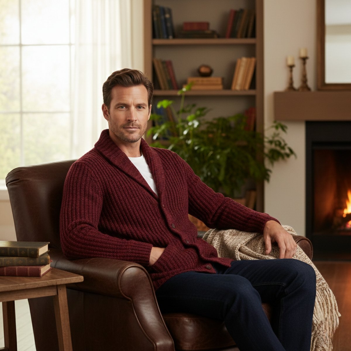 Men's Chunky Knit Shawl Collar Cardigan | Cable-Knit Winter View 11