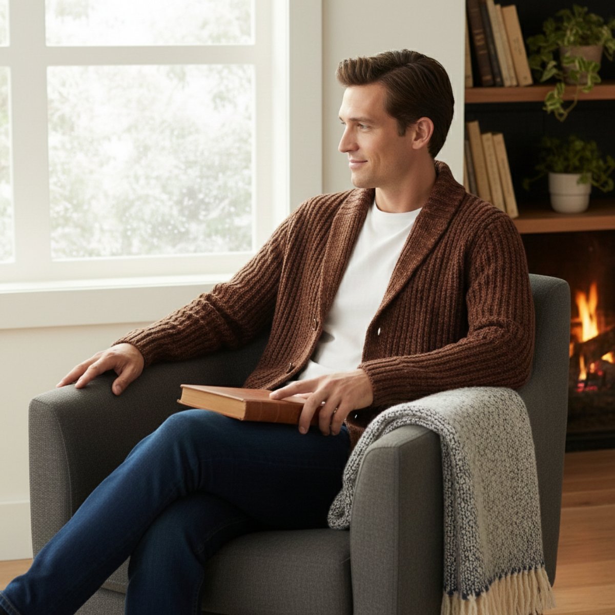 Men's Chunky Knit Shawl Collar Cardigan | Cable-Knit Winter View 12