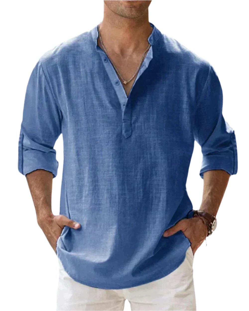 Men's Classic Comfort Shirt | Henley Collarless Relaxed Fit Angle