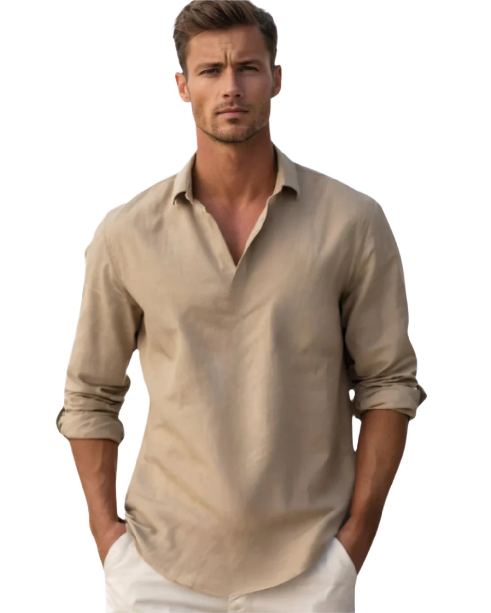 Men's Classic Comfort Shirt | Henley Collarless Relaxed Fit Detail