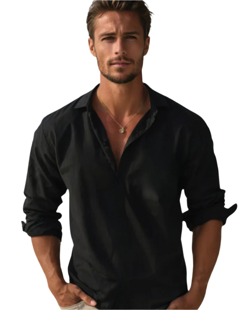Men's Classic Comfort Shirt | Henley Collarless Relaxed Fit Front