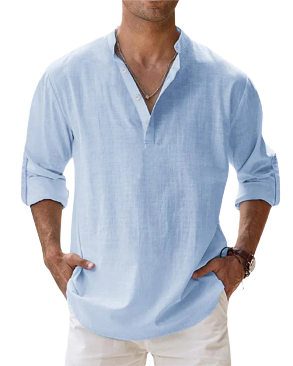 Men's Classic Comfort Shirt | Henley Collarless Relaxed Fit Side