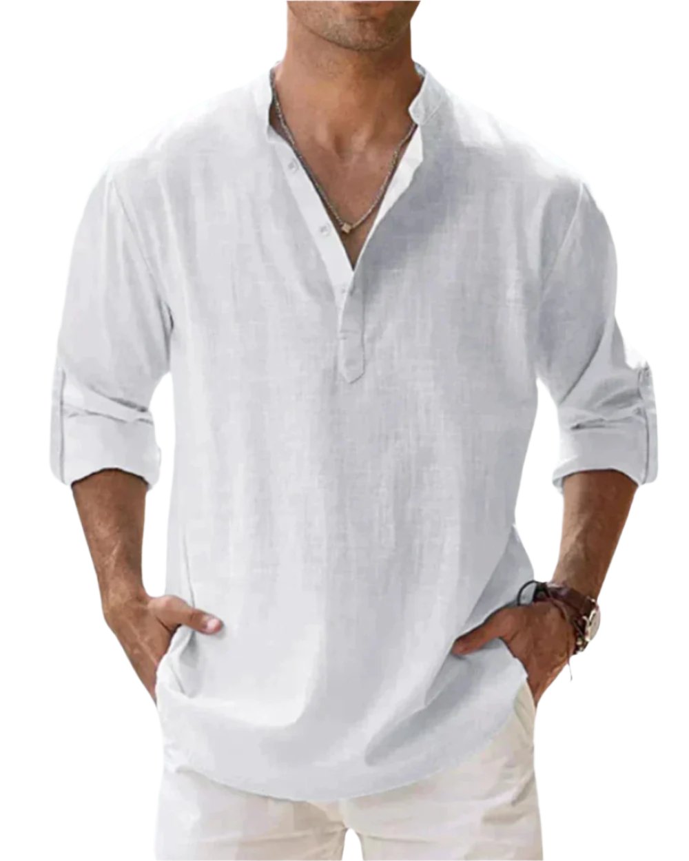 Men's Classic Comfort Shirt | Henley Collarless Relaxed Fit View 11