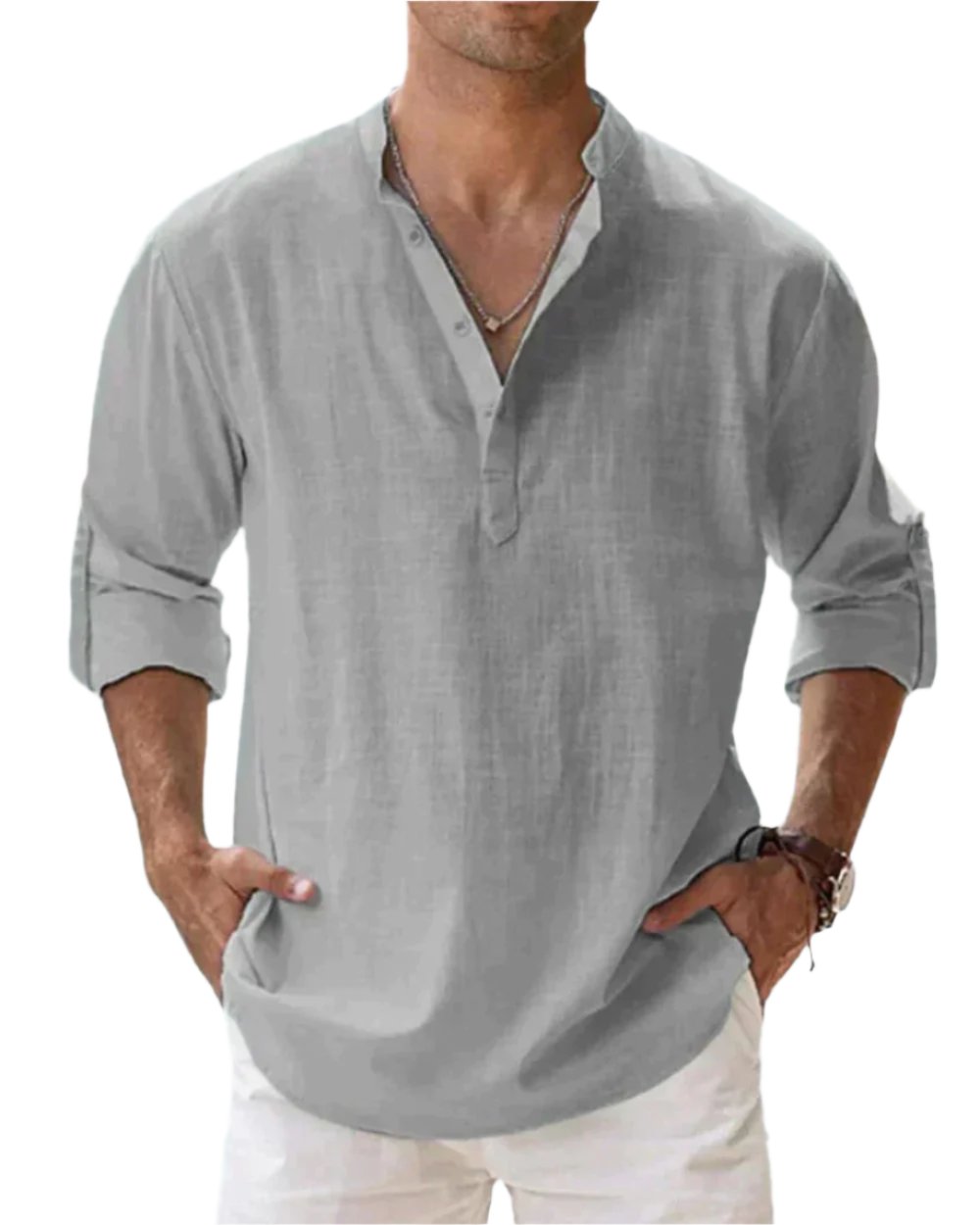 Men's Classic Comfort Shirt | Henley Collarless Relaxed Fit View 13