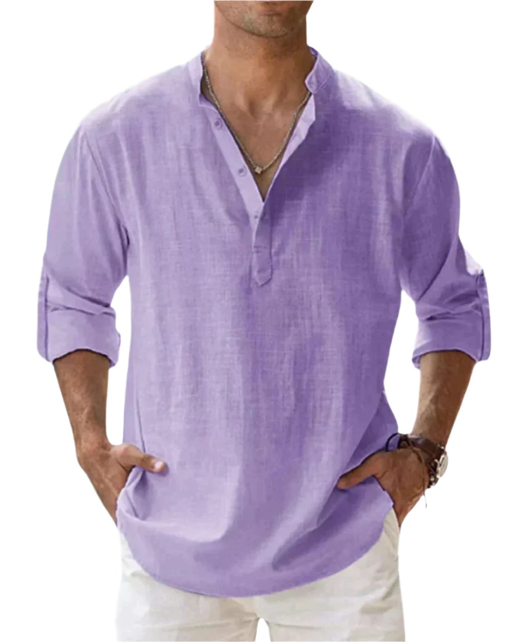 Men's Classic Comfort Shirt | Henley Collarless Relaxed Fit View 14