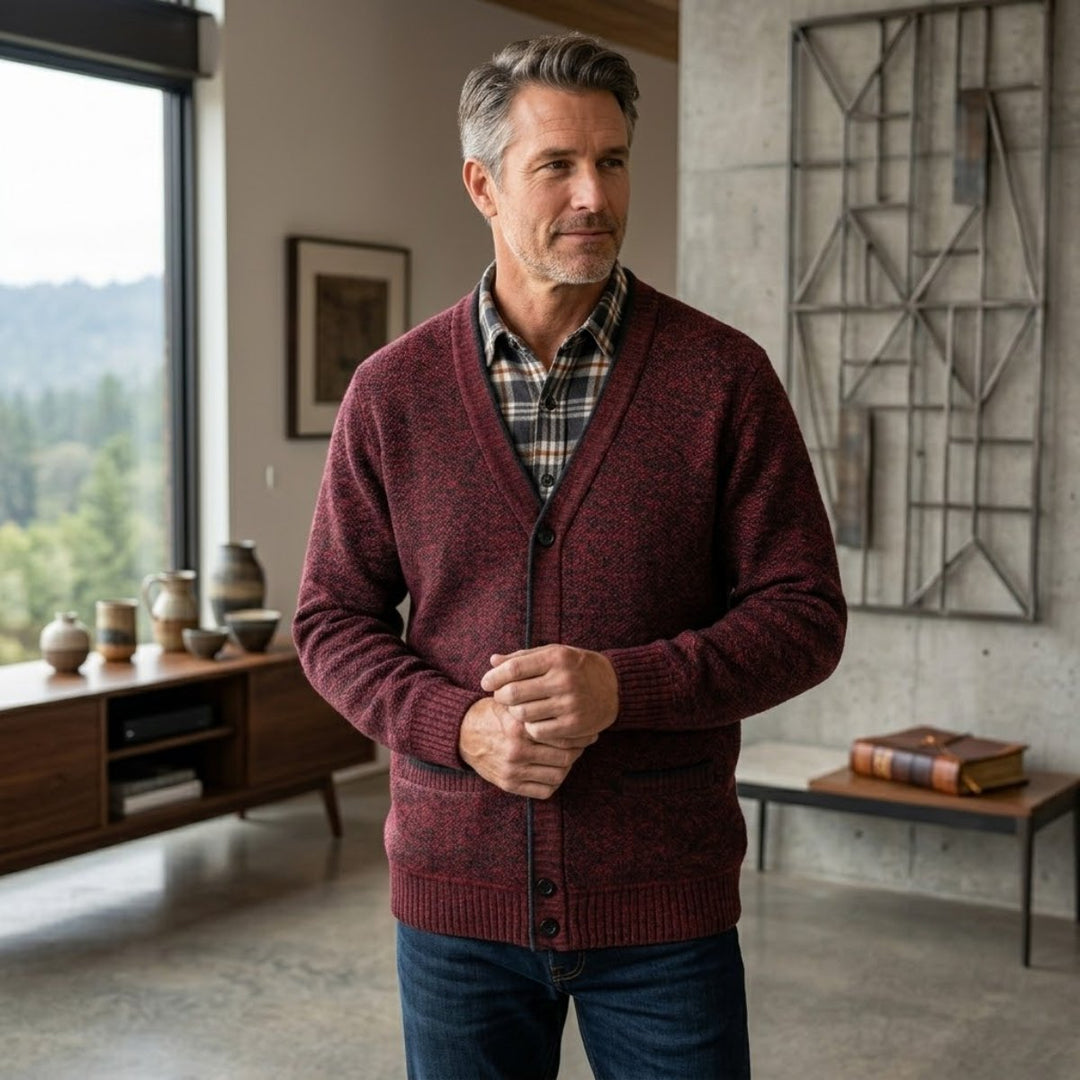 Men's Classic Soft Knit Button Cardigan Sweater | Plaid Lined Angle