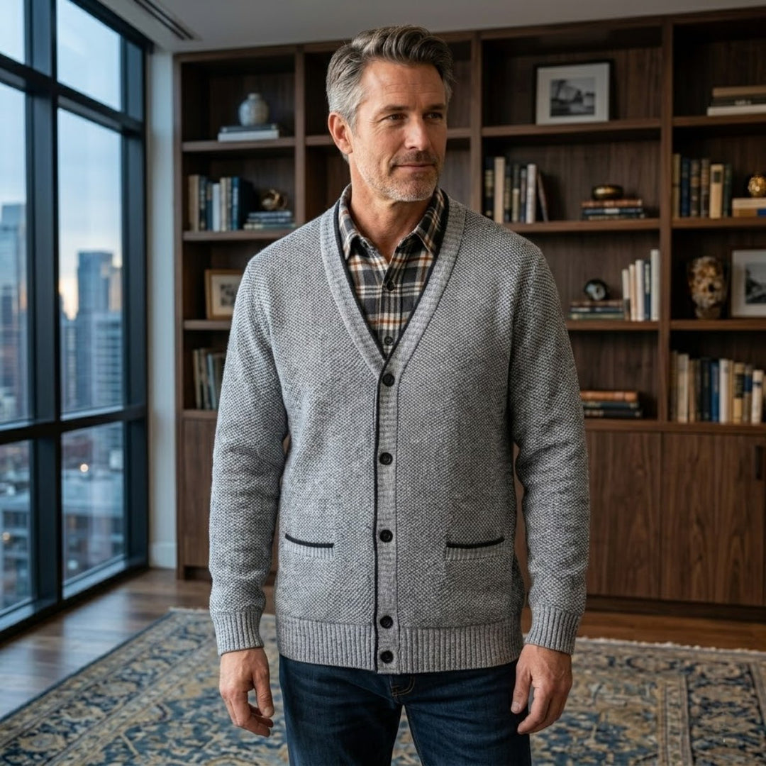 Men's Classic Soft Knit Button Cardigan Sweater | Plaid Lined Close Up