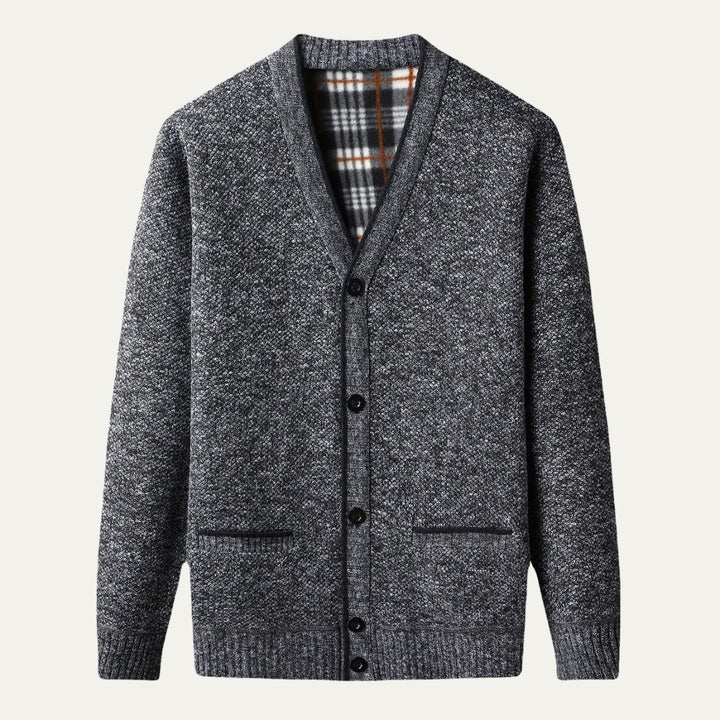 Men's Classic Soft Knit Button Cardigan Sweater | Plaid Lined Detail