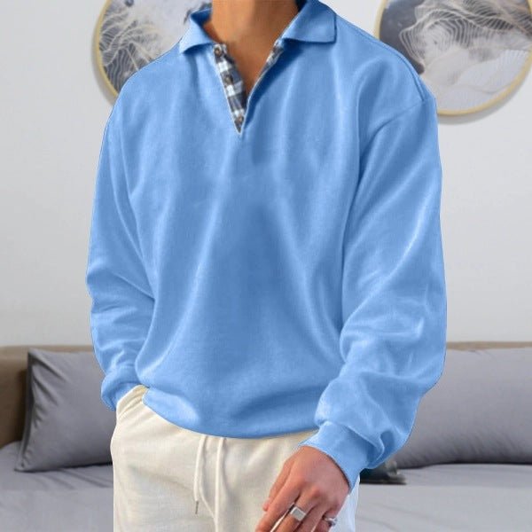 Men's Classic V-Neck Comfort Sweater | Plaid Collar Knit Fit Angle
