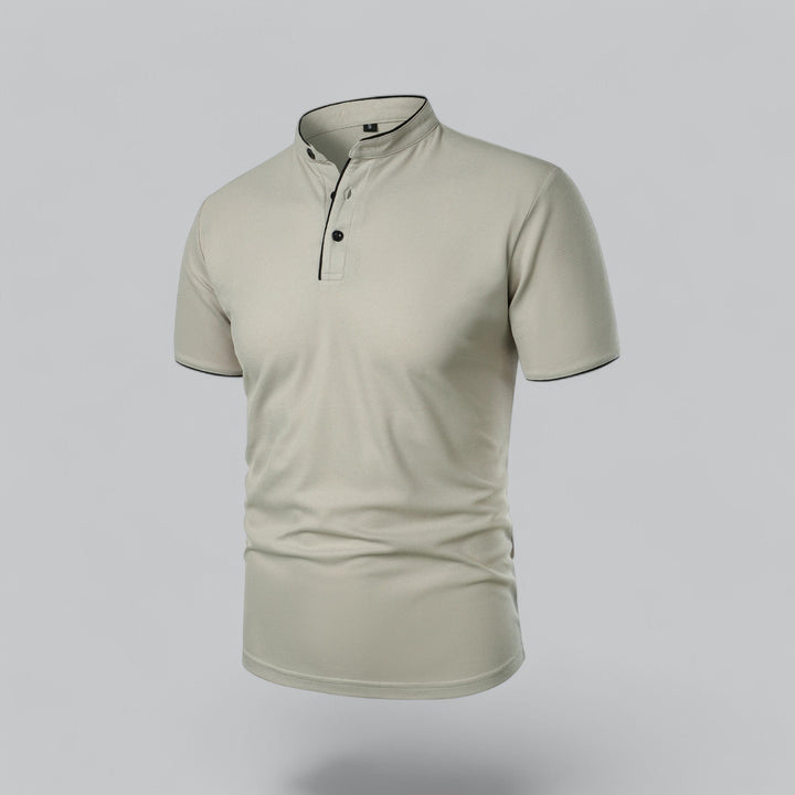 Men's Collarless Polo Top | Mandarin Trim Close Up