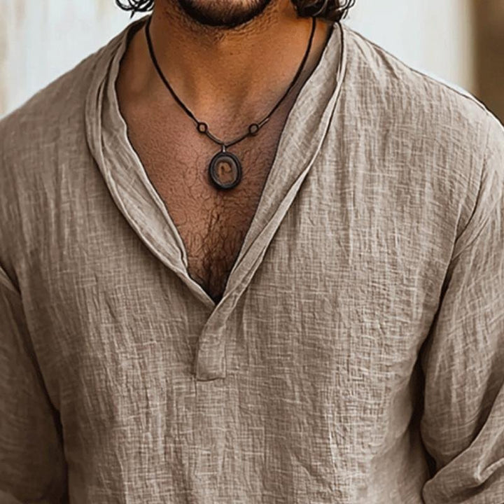 Men's Cotton-Linen Henley Long Sleeve Shirt | Curved Hem Detail