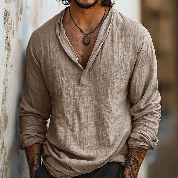 Men's Cotton-Linen Henley Long Sleeve Shirt | Curved Hem Front