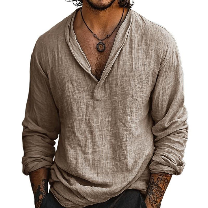 Men's Cotton-Linen Henley Long Sleeve Shirt | Curved Hem Hero