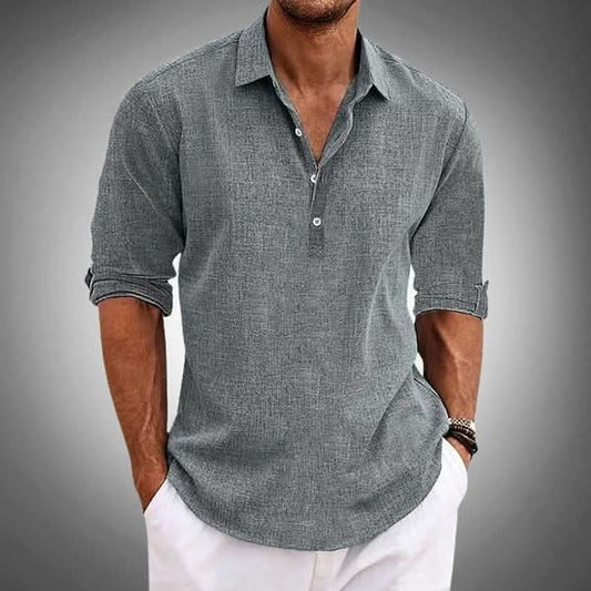 Men's Cotton Linen Henley Shirt | Long Sleeve Relaxed Fit Front