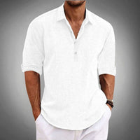 Men's Cotton Linen Henley Shirt | Long Sleeve Relaxed Fit Side