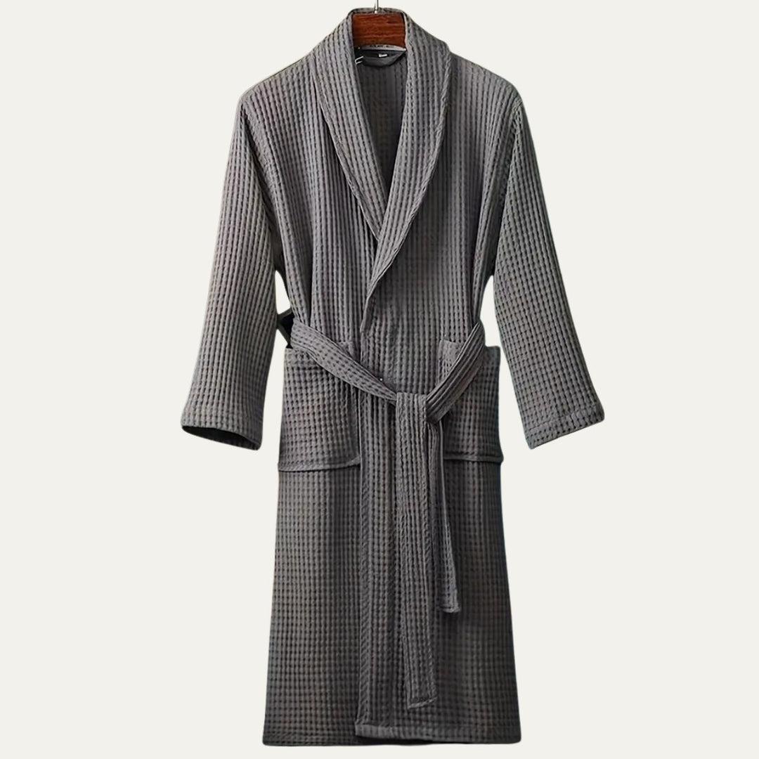 Men's Cotton Waffle Lightweight Bathrobe | Shawl Collar Spa Belt Angle