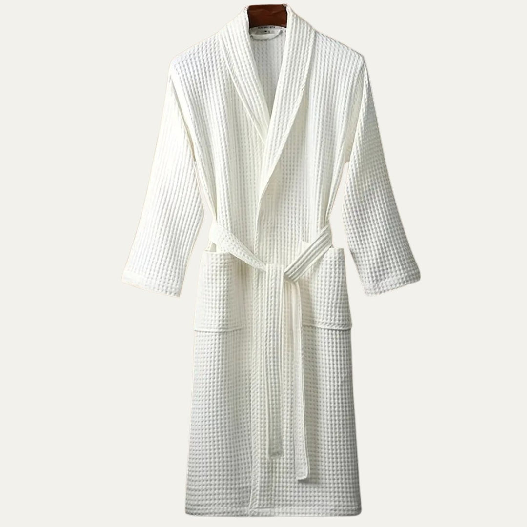 Men's Cotton Waffle Lightweight Bathrobe | Shawl Collar Spa Belt Close Up