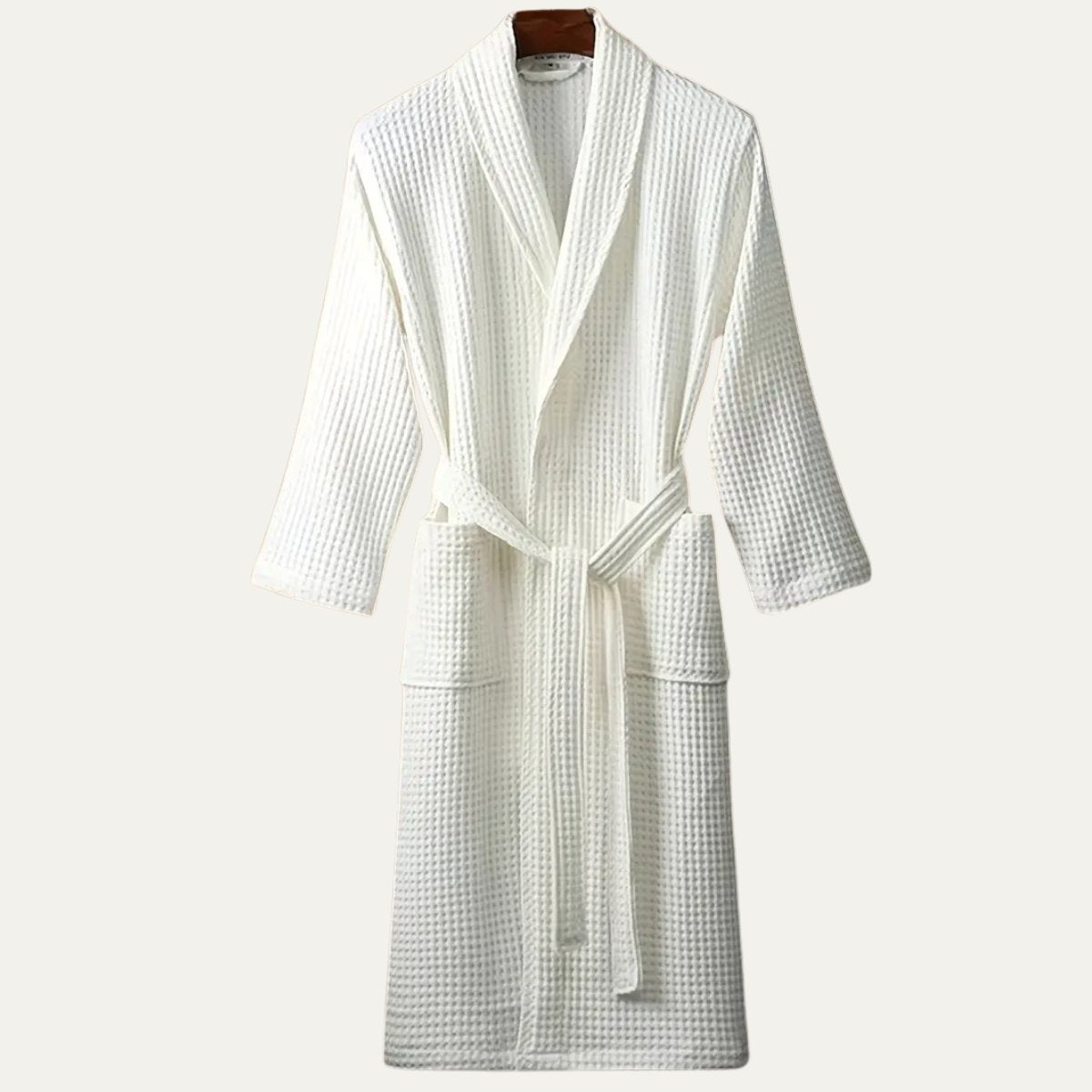 Men's Cotton Waffle Lightweight Bathrobe | Shawl Collar Spa Belt Close Up