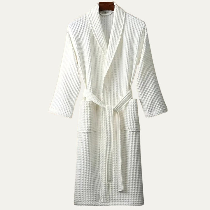Men's Cotton Waffle Lightweight Bathrobe | Shawl Collar Spa Belt Close Up