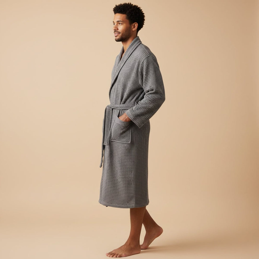 Men's Cotton Waffle Lightweight Bathrobe | Shawl Collar Spa Belt Full
